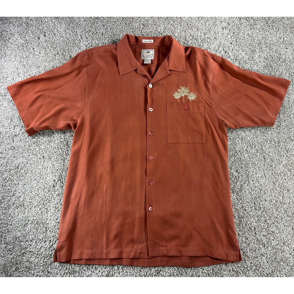 Luau Mens Med 100% Finest Silk Embroidered Camp Shirt Rust Orange Herringbone